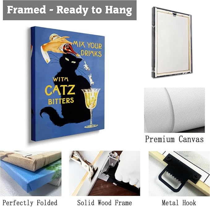 Catz Bitters Print, Vintage Beverage Poster, Bar Cart Wall Art,Black Cat Wall Art, Vintage Cat Alcohol Poster,Alcohol Print Horizontal,Bar Wall Decor,Bar Cart Decor24x36 Framed