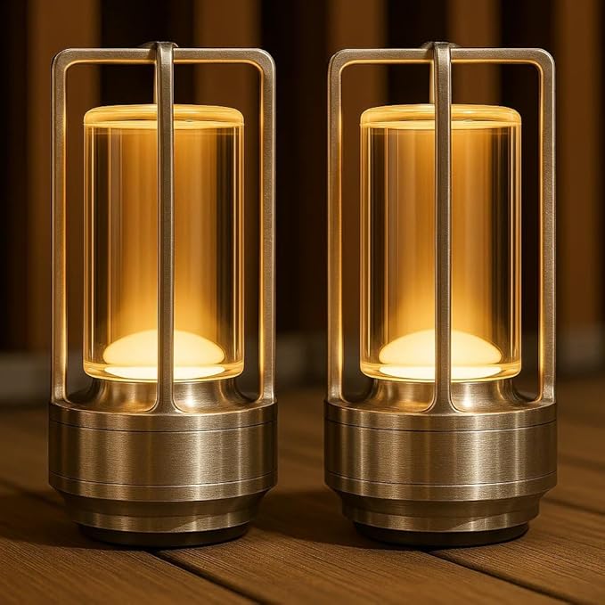 Klarako Crystal Lantern Lamp – Modern Cordless Rechargeable Bedside & Outdoor Light, Portable Wireless Lamp – Dimmable Touch Control – Luxury Living Room & Hotel-Style Lighting (Gold, 2-Pack)