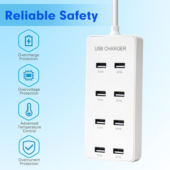 USB Wall Charger USB Charging Station for Multiple Devices 8-Ports Power Hub Strip Smart Charger Block Compatible with iPhone, Galaxy, iPad Tablet, and Other Devices（White）