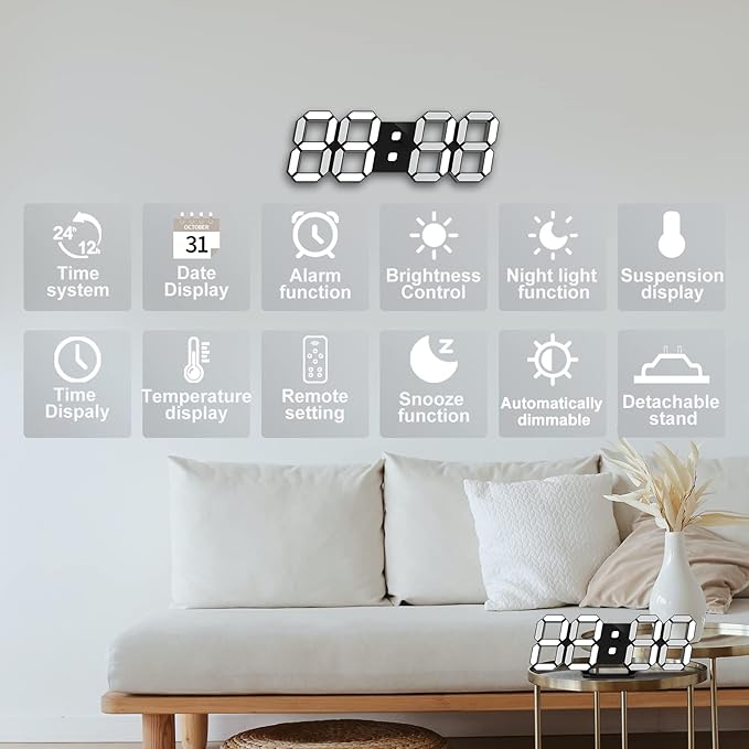Deeyaple Led Digital Alarm Clock 3D Small Wall Clock Snooze Dimmable Time Memory 12/24 Date Temperature Remote Control Night Light Office Kitchen Living Room Bedroom (9.7 Inch, Black)