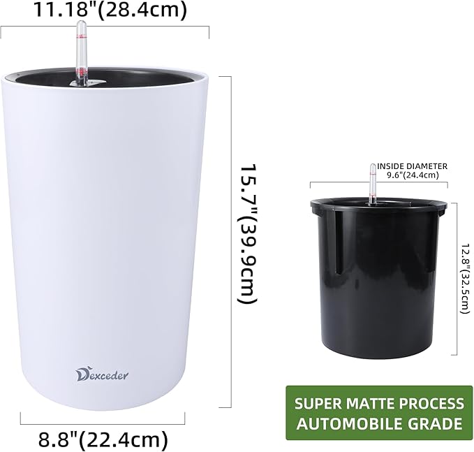 Dexceder 16x12 Tall Self Watering Planter High Cylinder Indoor Outdoor, Thickened Large Floor Standing Flower Plant Pot with Water Level Indicator (White Matte)