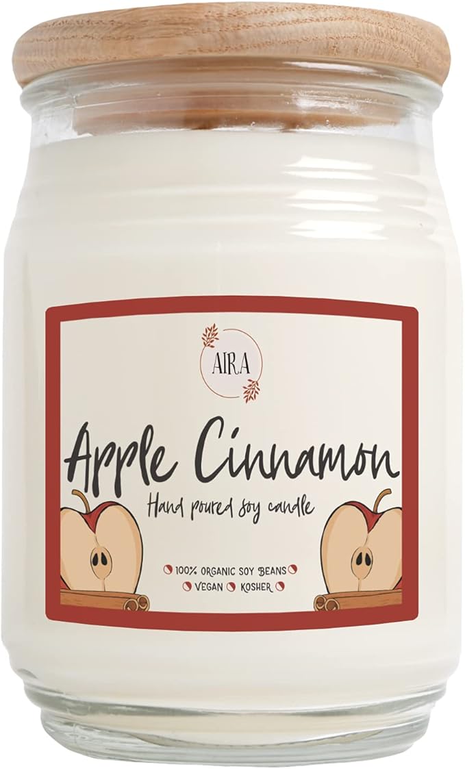 Aira Soy Candles - Organic, Kosher, Vegan, in Farmhouse Jar w/Essential Oil Blends - Hand-Poured 100% Soy Candle Wax - Paraffin Free, Burns 150+ Hours - Apple Cinnamon -20 Ounces