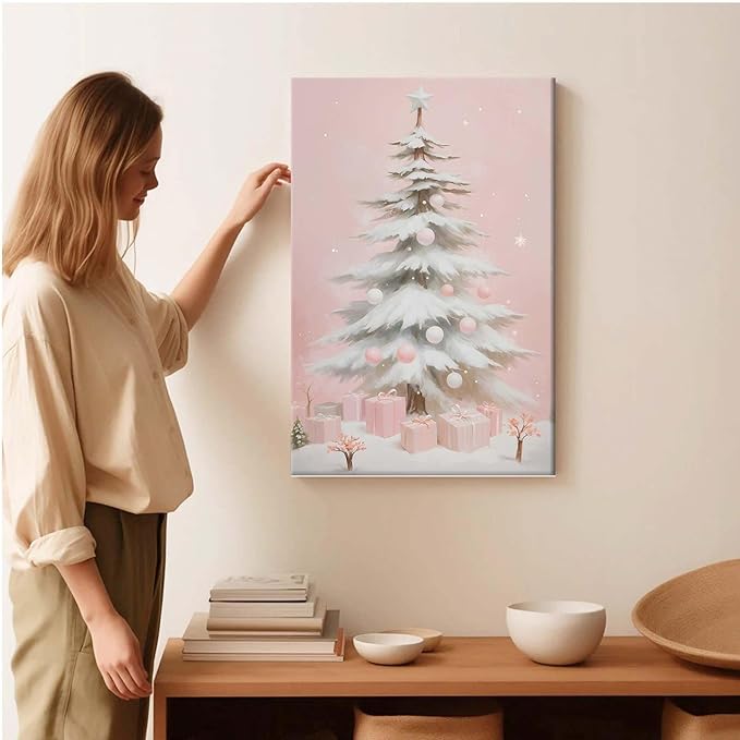 Framed Canvas Wall Art Pink Christmas Tree Wall Art Print Holiday Poster Trendy Christmas Decor 20x30in Wood Framed