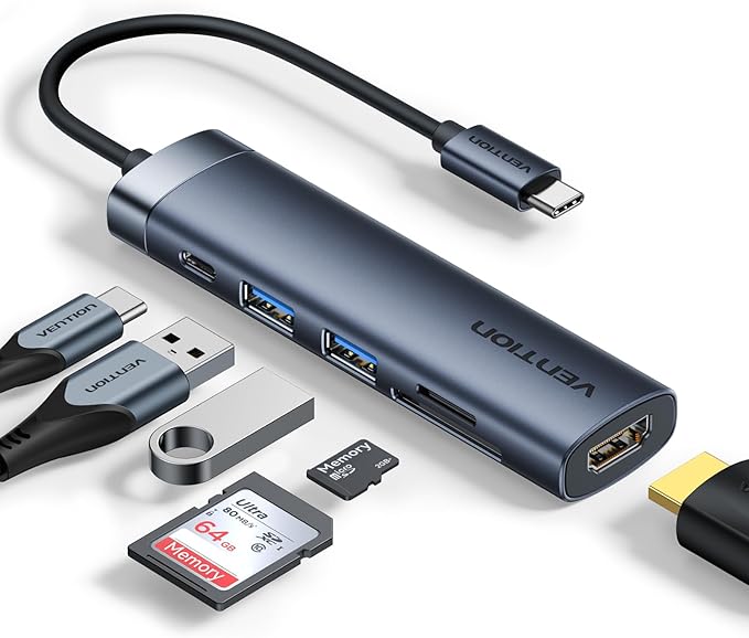 VENTION 6-in-1 USB C Docking Station for Mobile Office, 100W PD Charging Hub for MacBook Pro/Laptop, Portable Adapter with 4K HDMI, USB 3.0 Data Transfer, SD Card Reader & Aluminum Body