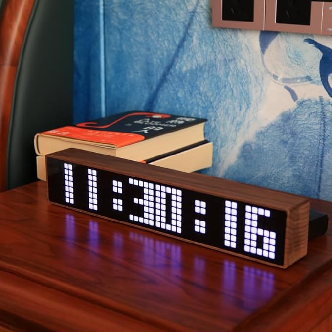 Adventurers Digital Alarm Clocks for Bedrooms, Black Walnut Clocks for Living Room with Big Numbers,Auto Brightness,Adjustable Alarm Volume,Auto DST,Temperature, Humidity, Air Pressure (White)
