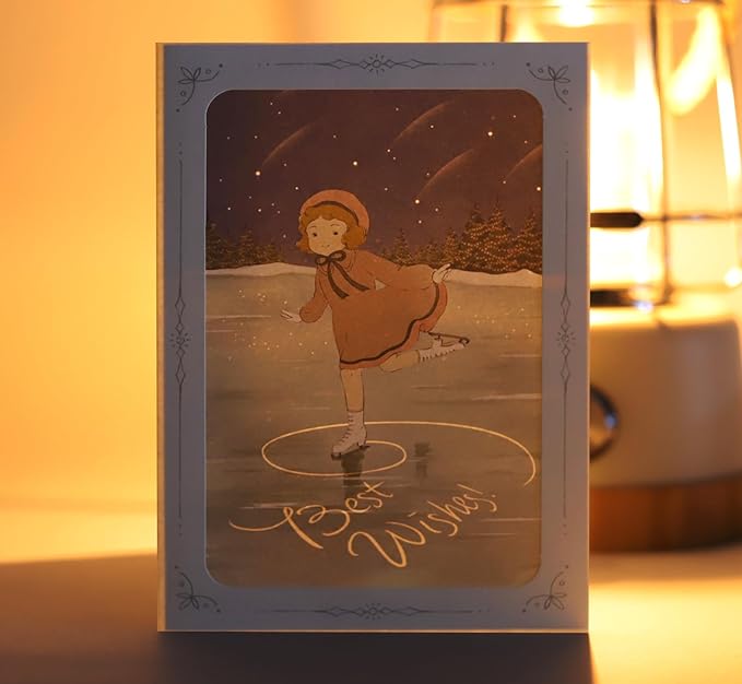 Light-Reveal Winter Greeting Card Set (3 Designs) – “Skating Girl”, “Wonderland”, and “Light” Vintage Holiday Cards with Envelopes, Cozy Christmas & Winter Season Illustrations