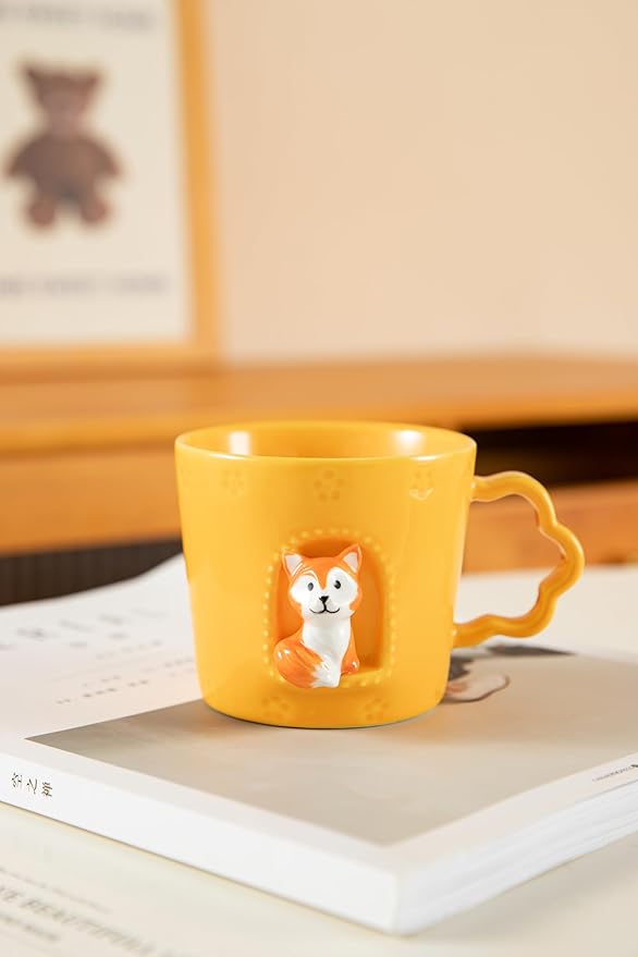 DIHOclub Fox Ceramic Cup Window Animals Mug Cute Cartoon Handmade Figurine Mugs,Holiday and Birthday Gift for Daughter,Son,Kids,9 OZ (Orange)