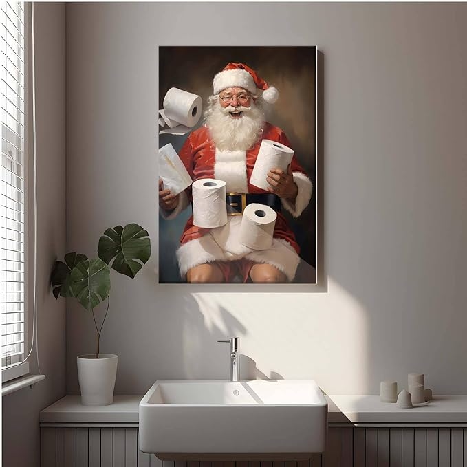 Framed Canvas Santa Bathroom Wall Art Toilet Humor Decor Vintage Christmas Holiday Wall Art Restroom Amusing Gift Santa Toilet Rolls Funny Poster 8x12in Wood Framed