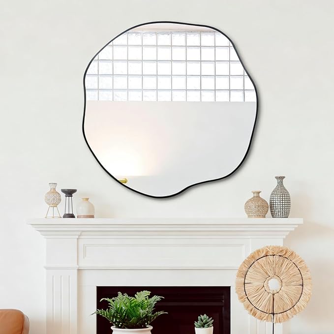 POZINO Irregular Mirror, 30" Large Asymmetrical Wall Mirrors, Scalloped Rounded Mirror, Modern Frameless Abstract Mirrors for Living Room Bedroom Bathroom Entryway Hallway Fireplace