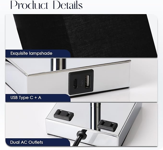 Soilsiu Set of 2 Bedside Table Lamp 3 Way Dimmable Nightstand Lamp with USB C & USB A Charging Port, 2 AC Outlets, 3000K LED Bulbs (Black)