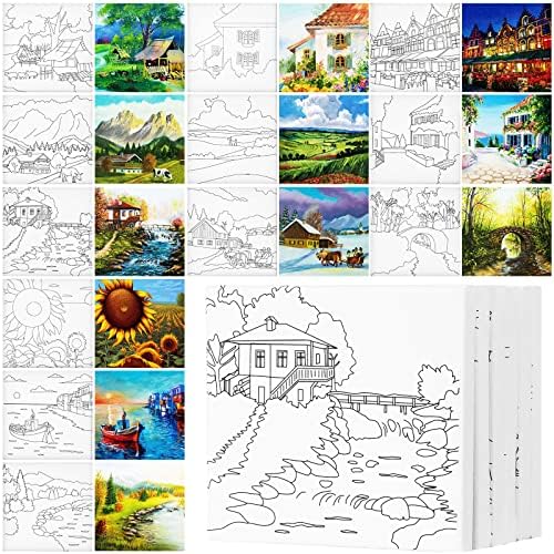 Teling 12 Pcs Pre Drawn Stretched Canvas Kit for Adults Painting Pre Printed Canvas Outline for DIY Painting Party Favor,6 x 6 x 0.6 Inches(Landscape) by Teling