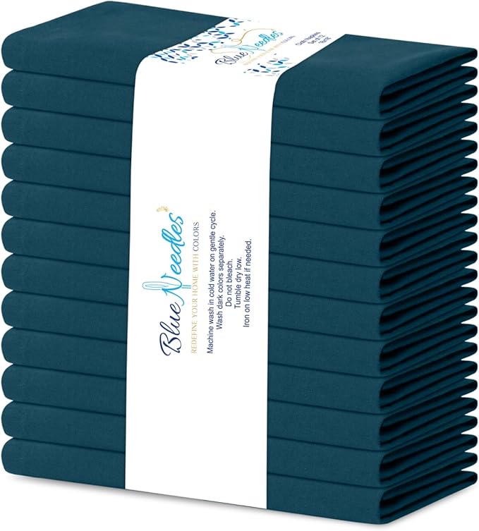 Blue Needles Solid Cloth Napkins Set of 12 Crystal Teal 100% Cotton Dinner Napkins 18x18 inches - Soft, Reusable, Absorbent & Washable Linen, Ideal for Christmas Events, Parties & Everyday Use