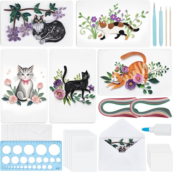 WEBEEDY 20 Sets DIY Cat Paper Quilling Kit with Instruction for Adult Beginner 5 Styles Cat Flower Greeting Cards Making Kit with 20 Blank Cards,36 Colors Strips,Quilling Tools Pet Lover Gifts