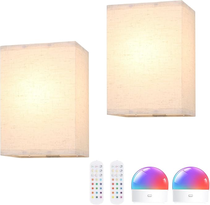 Adhesive Battery Operated Wall Sconce Set of 2, 6000 mAh Battery Rechargeable Bulb with 12 RGB Colors, Stick on Cuboid Wall Sconce No Drill Wall Lights, Linen