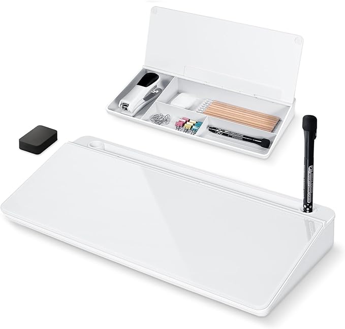 Glass Desktop Whiteboard with Storage 15" x 7" Desk Dry Erase Board with Marker & Eraser Compact Desk Organizer Computer Keyboard Stand Desk Board Buddy for Office, Home, School