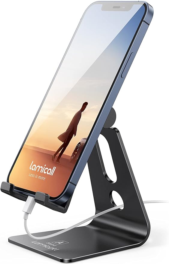 Lamicall Adjustable Cell Phone Stand, Desk Phone Holder, Cradle, Dock, Compatible with iPhone 17 16 15 14 Air Plus Pro Pro Max 13 12 X XS, 4-8" Phones, Office Accessories, All Smartphone, Black
