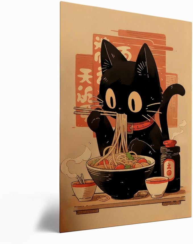 Noodle Black Cat Poster,Tonkine Cat Print,Edo Period Ramen Noodles Art,Ramen Stall Print,Vintage Ramen Print,Japan Black Cat Poster,Eating Hungry Cat For,Kitchen Wall Art24x36 Framed