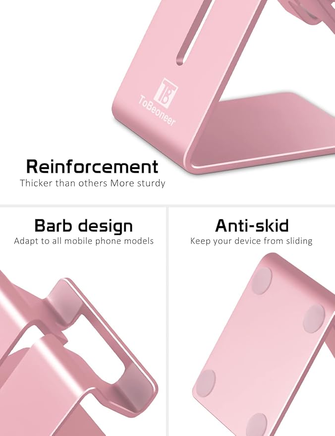 Phone Stand, Aluminum Phone Holder for iPhone 16 15 14 13 12 11 X 8 7 6 Plus 5, Samsung, Huawei, Suitable for All Smartphones, Adding a Touch of Style to Your Office Decor, Rose Gold