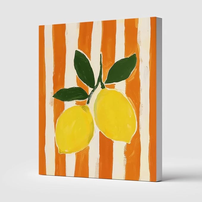 Lemon Watercolor Wall Art – Fresh Yellow Citrus Canvas Print – Orange Stripe Kitchen Decor – Modern Botanical Fruit Illustration Poster 12x16inch-Framed
