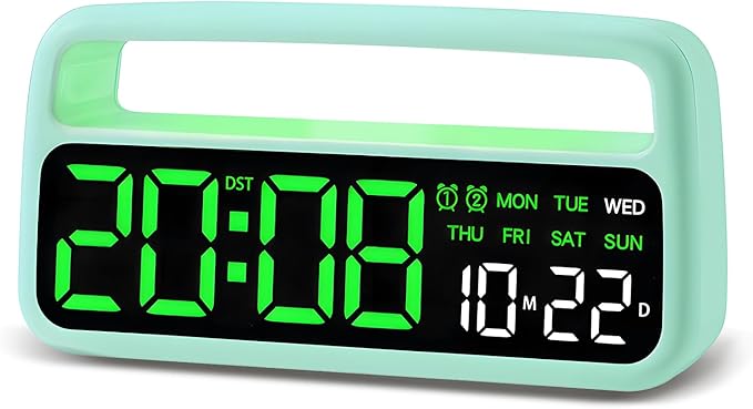 Digital Alarm Clock for Bedroom, Plug-in Digital Bedside Clock with Night Light, Large Display, Dual Alarm, Snooze, Dimmable for Adults Kids Teens, Green