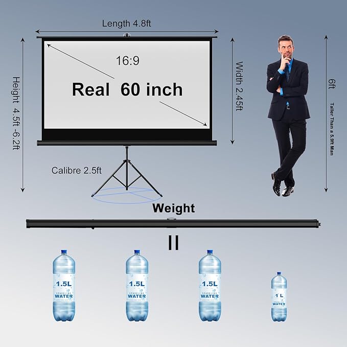 Outdoor Projector Screen with Stand Tripod, Indoor Pull Up Portable Projector Screen, 60 INCH 16:9 Adjustable Projection Screen with Carry Bag for Home Theater Backyard Party Movie Nights