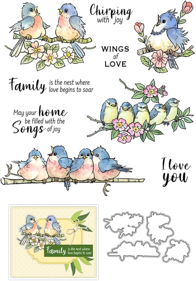 Bird Branch Stamps and Cutting Dies for Card Making DIY Transparent Silicone Clear Stamp and Metal Die Cuts Sets for Scrapbooking Paper Greeting Cards Decor Seals Craft Supplies