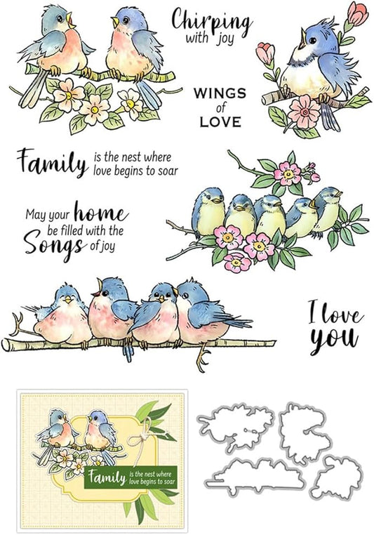 Bird Branch Stamps and Cutting Dies for Card Making DIY Transparent Silicone Clear Stamp and Metal Die Cuts Sets for Scrapbooking Paper Greeting Cards Decor Seals Craft Supplies