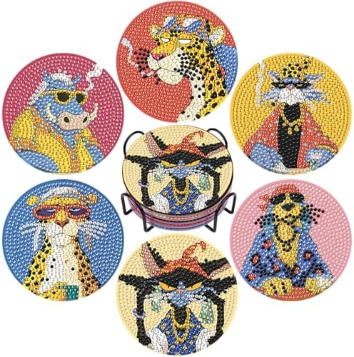 DOTSOPS 6 Pack Cat Diamond Painting Coasters Kits with Holder for Beginners by DOTSOPS
