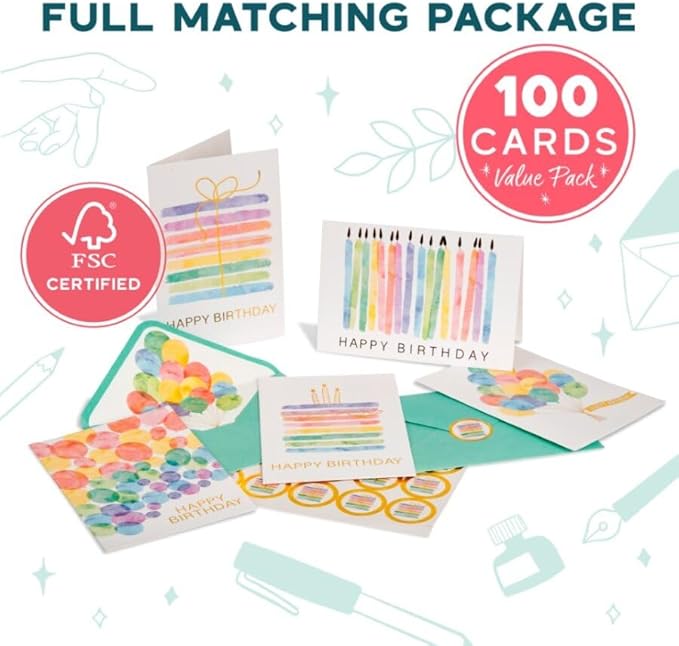 VNS Creations 100 Pack 4x6 Happy Birthday Cards Bulk with Envelopes & Stickers - Boxed, Blank Inside, Variety, Office Party - Assorted Birthday Greeting Note Cards Assortment Box for Kids & Adults