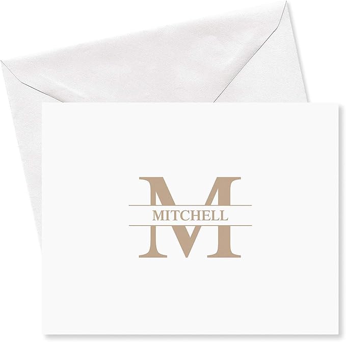 Personalized Tan Front & Center Initial Monogram Note Cards - 24 cards with envelopes, 4-1/4" x 5-1/2" blank inside, Add a Name, Thank you Card, Friendship Gift, Choose Color
