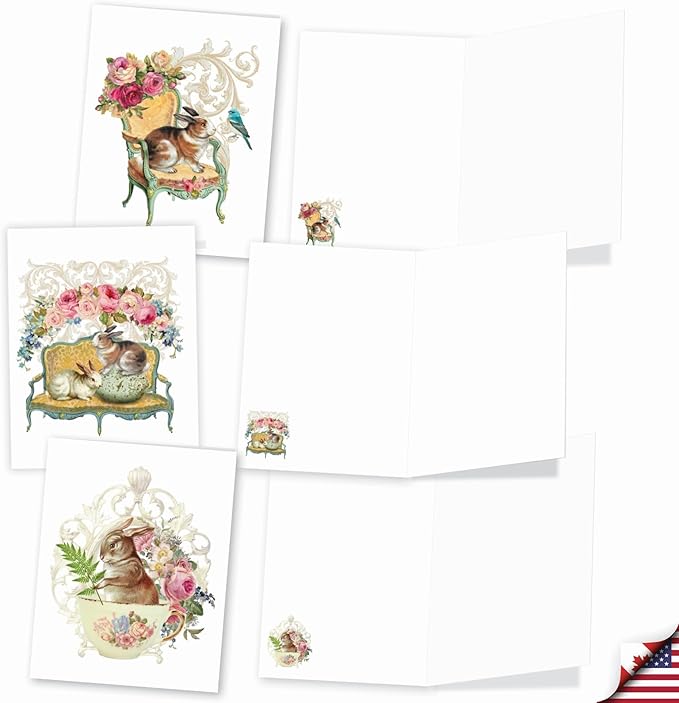The Best Card Company - 20 Blank Note Cards with Envelopes (4 x 5.12 Inch) - All Occasion Animal Card Assortment (10 Designs, 2 Each) - Victorian Blooms and Bunnies AM3513OCB-B2x10