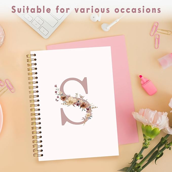 Lacama Pink Initial Letter S Notebook Journal, Customized Monogrammed Gifts, Aesthetic Wildflower Personalized Spiral Notebook, Birthday Gifts for Women, School Supplies, Office Supplie 5.5x8.3