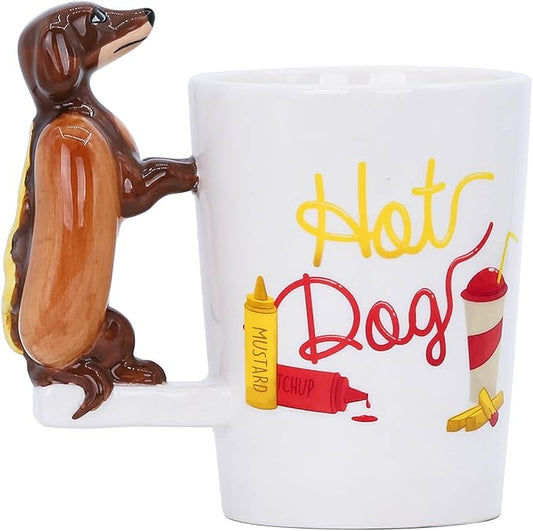 Ceramic Mug for Home & Office, Creative Porcelain 3D Animal Cup with Handle for Coffee, Tea, Juice, Milk & Water, 13.5 oz. Hotdog Dachshund Mug Gift, 5.1" H