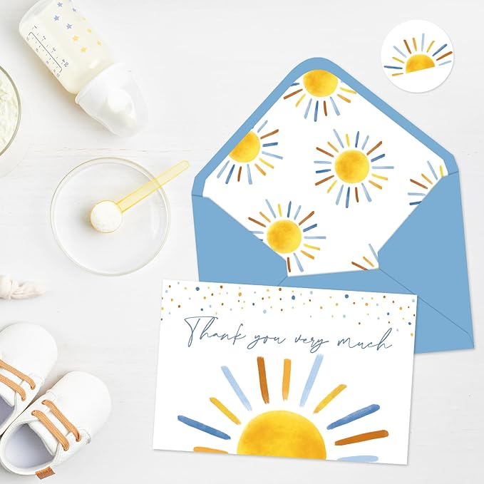 Whaline 30 Packs Baby Shower Thank You Cards Boho Sun Greeting Cards Blue Sunshine Blank Note Card with Envelopes and Stickers for Birthday Holiday Baby Shower, 4 x 6 Inch