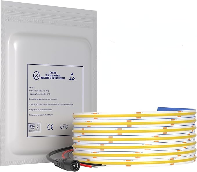 12V 2700K COB LED Strip Light Tape Warm Yellow Color, 480LEDs/m 16.4FT CRI>90, High Bright Ribbon Light for House Ceiling Bedroom Decor (DC12V, Wihtout Power Supply)