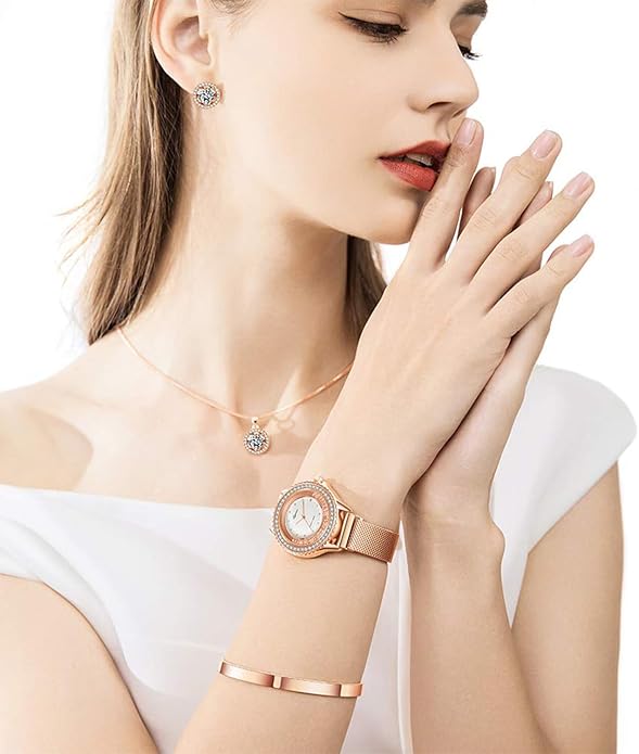 Gifts for Women Jewelry Sets, 4 Pieces Rose Gold Women's Watch Necklace Earring Bracelet Birthday Gifts for Women's Jewelry Sets for Women Gift for Wife Girlfriend Her Birthday Gift for Mom Mother