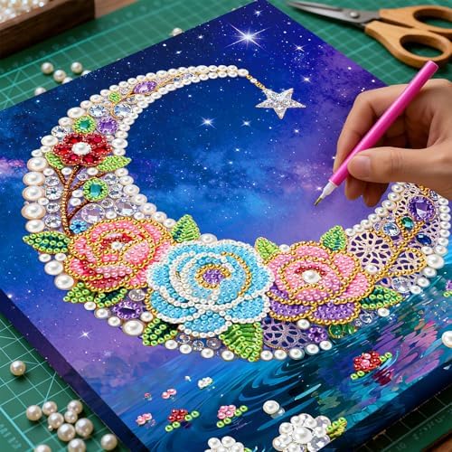 LQCrafK DIY Pearl Art Painting Handcraft Kit for Adults Beginners, Healing Stress-Relieving Home Wall Creative Design Decoration, Framed Painting with Tools-Moon - Image 4