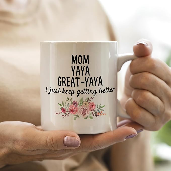 IWXYI Great Yaya Coffee Mug - Great Yaya Gifts for Birthday Mothers Day, 11oz Floral Mother‘s Day Coffee Mug Ceramic, Mothers Day Gifts