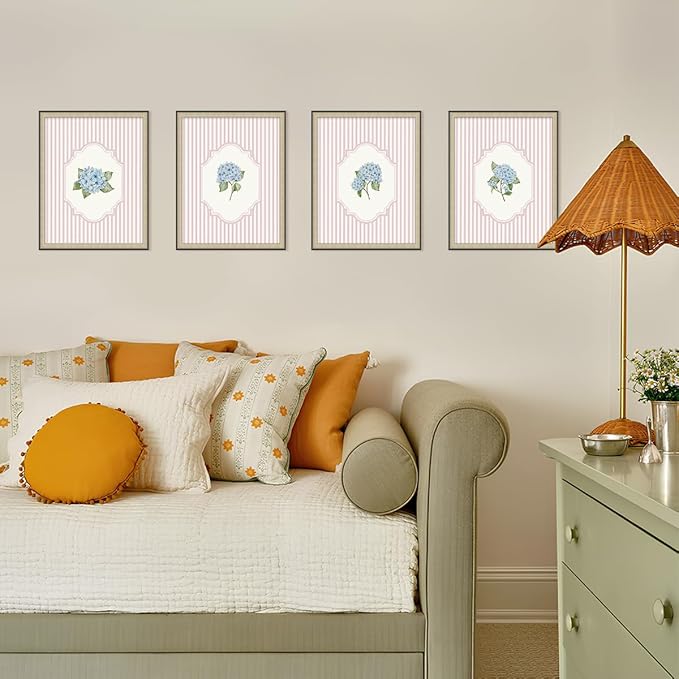Wheatwin Hydrangea Floral Wall Art Decor, Cottagecore Hydrangea Flower Botanical Poster Prints, Pink Wall Decor for Home Bedroom Living Room 8x10 Unframed Set of 4