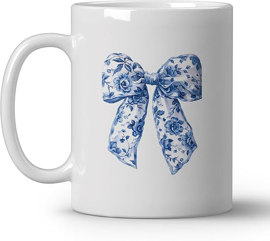 Chinoiserie Bow Coffee Tea Mugs, Coquette Grandmillennial Bows Ceramic Coffee Mug, Vintage Blue Coffee Cup, 11oz Ceramic Cup White