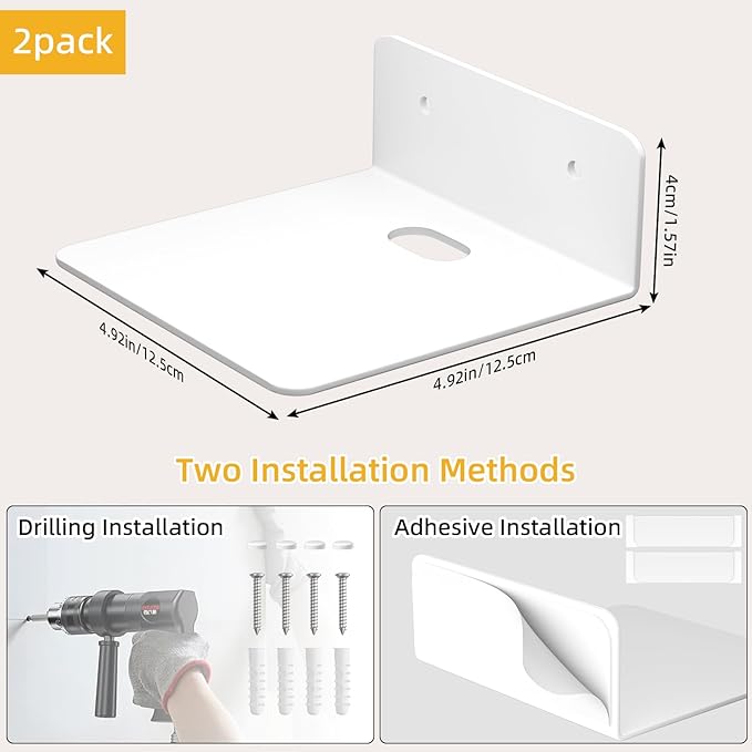 Small White Shelves for Wall, 4.92 Inch Metal Floating Shelves for Echo, Cameras, Small Speaker, Adhesive Display Ledges, No Drilling Wall Shelves for Bathroom, Living Room, Bedroom, 2 Pack