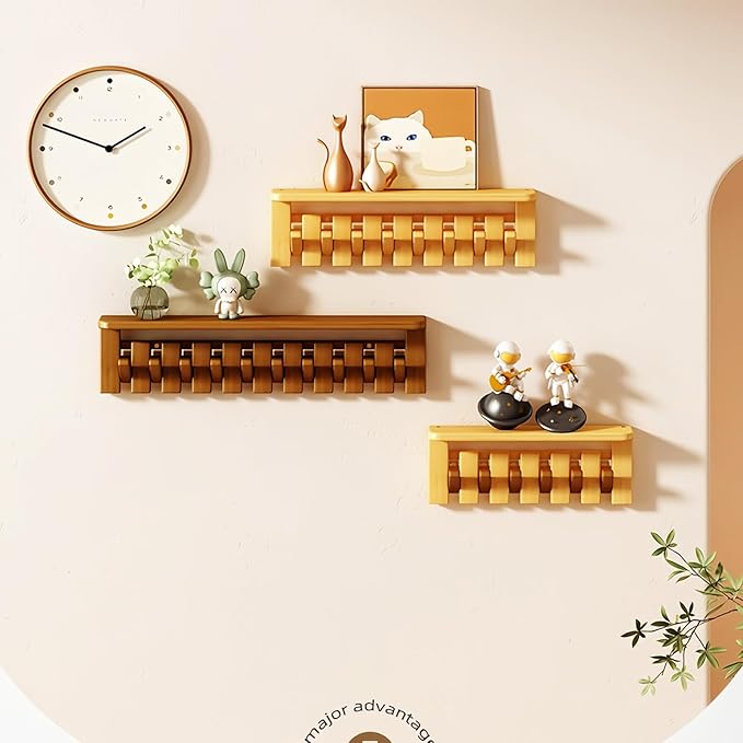 Wall Mounted Piano Key Hanger | Flip Style Hook | Entrance Wall Art Hook, Made of Oak Wood (3 Times Painted, 4 Times Polished) (Tray Beech, 8Hooks)