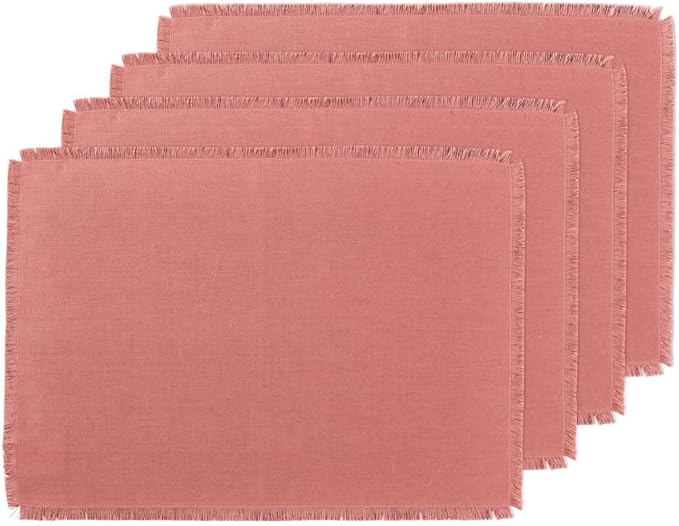 Solino Home Fringe Linen Placemats Set of 4 - Dusty Rose Placemats 14 x 19 Inch - 100% Pure Linen Table Mats for Valentines, Spring, Easter
