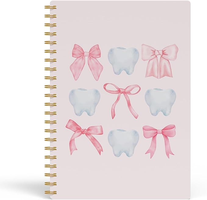 Evcprz Coquette Pink Bow Dentist Notebook Journal, Cute Tooth Pattern Journal, Dental Hygienist Assistant Gifts, Preppy Aesthetic Stationery for Women Girls, Spiral Notebook 5.5x8.3 Inch