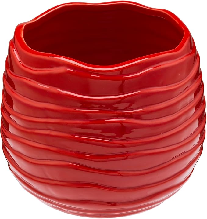 MyGift 5.5 Inch Modern Red Ceramic Plant Pot with Drainage Hole and Decorative Wavy Design, Small Succulent Planter Container
