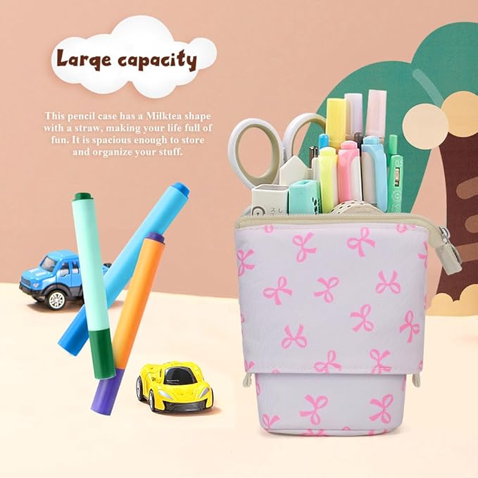KPX Cute Standing Pencil Case Pen Holder for Kids, Pop Up Stand UP Bubble Tea Pen Organizer Kawaii Stationary for Christmas Holiday New Year Office (Bow)