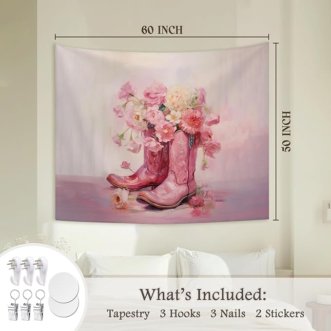 STHTTSW Floral Cowgirl Boot Tapestry, Preppy Pink Tapestries Wall Blanket, Girly Aesthetic Wall Hanging Decor for Teen Girl Women College Dorm Apartment Bedroom, 50x60 Inch