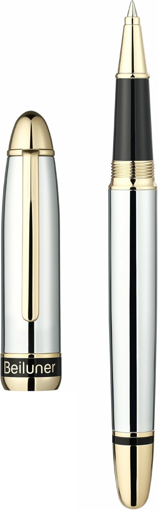 BEILUNER 315 Luxury Rollerball Pen, Stunning Silver Chrome with 24K Gold Finish, Luxury Grade Craftsmanship, Best Pen Gift Set for Men and Women, Graduation, Executive, Office, Fancy, Nice Pens