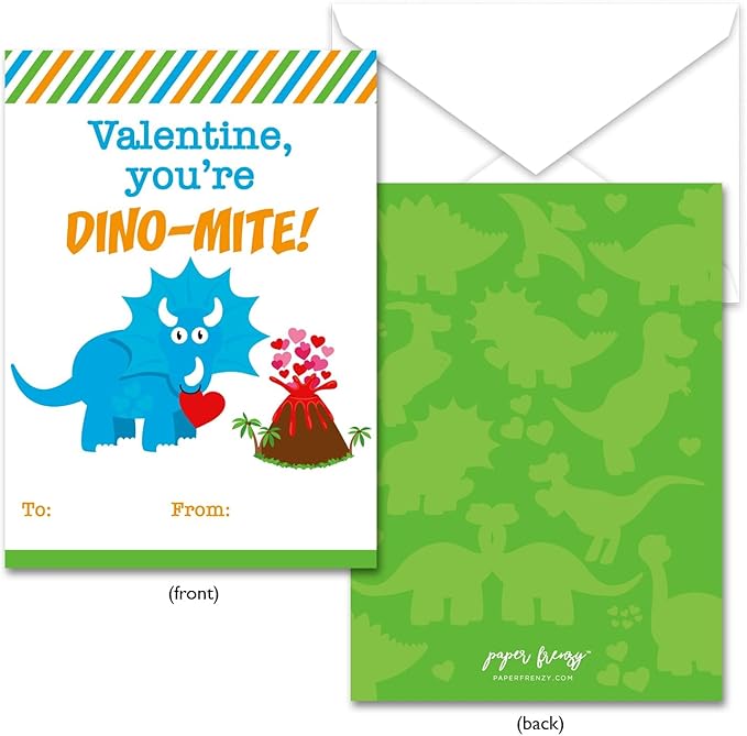 Paper Frenzy Dinosaur Themed Valentine Cards WITH ENVELOPES - 25 pack