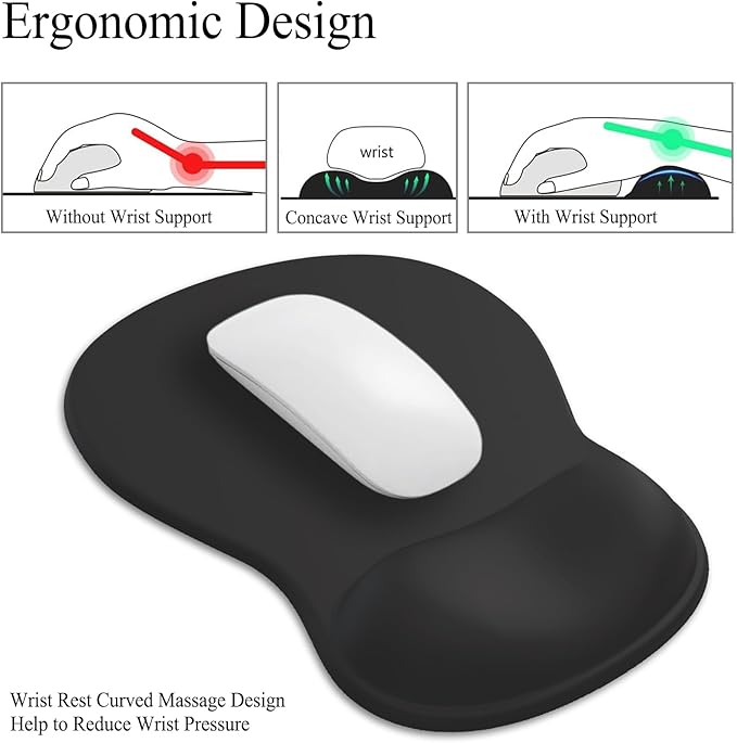Gel Mouse Pad with Wrist Rest, Ergonomic Concave Wrist Support Mousepad with Non-Slip PU Base & Smooth Surface Comfortable Desk Accessories Mat for Office, Home Gaming and Study (01 Black)